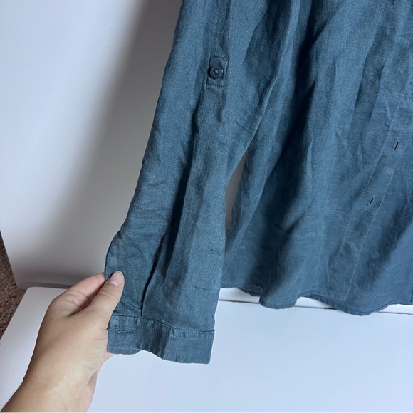 Jones New York Blue Linen Collarless Button Down Shirt w/ Breast Pockets Size 14 - Picture 6 of 10